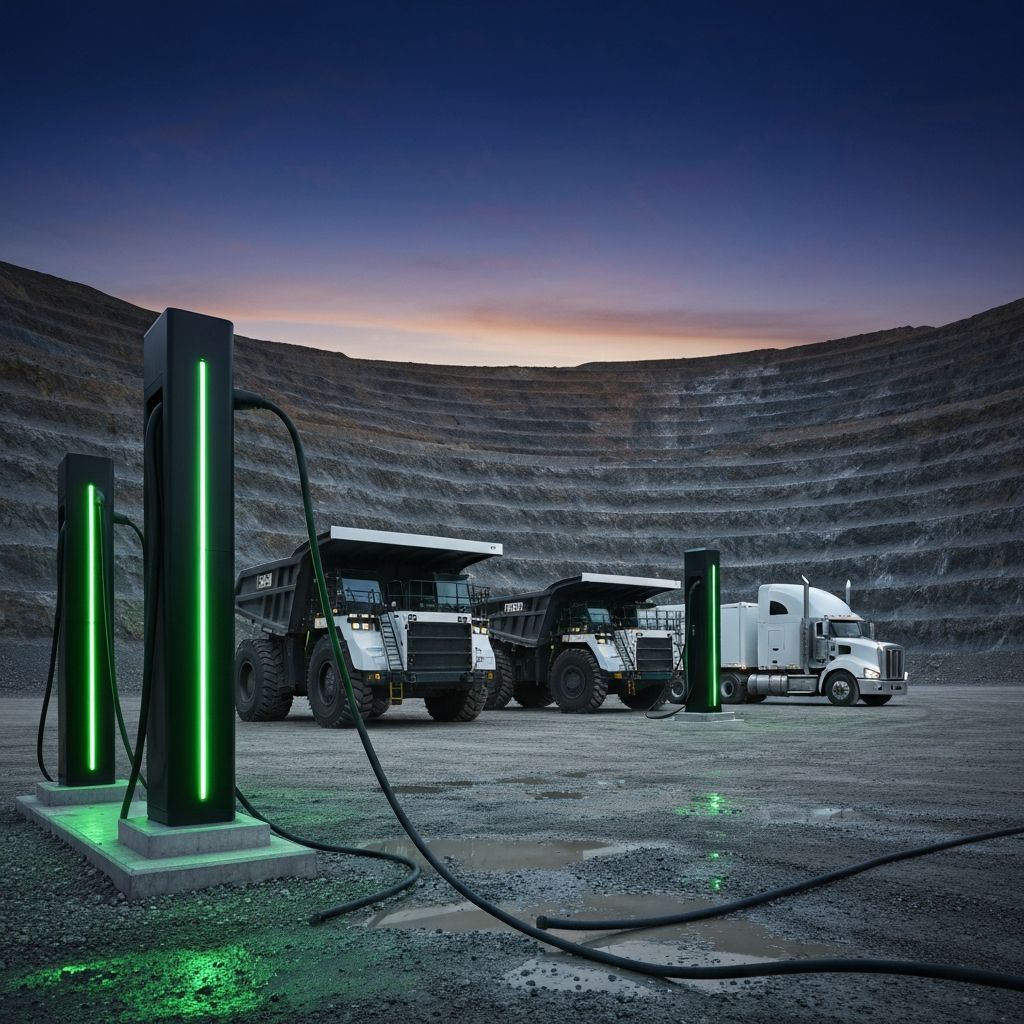Heavy-duty electric mining haul trucks and Class 8 semi-trucks connected to megawatt DC fast charging dispensers at a mine depot